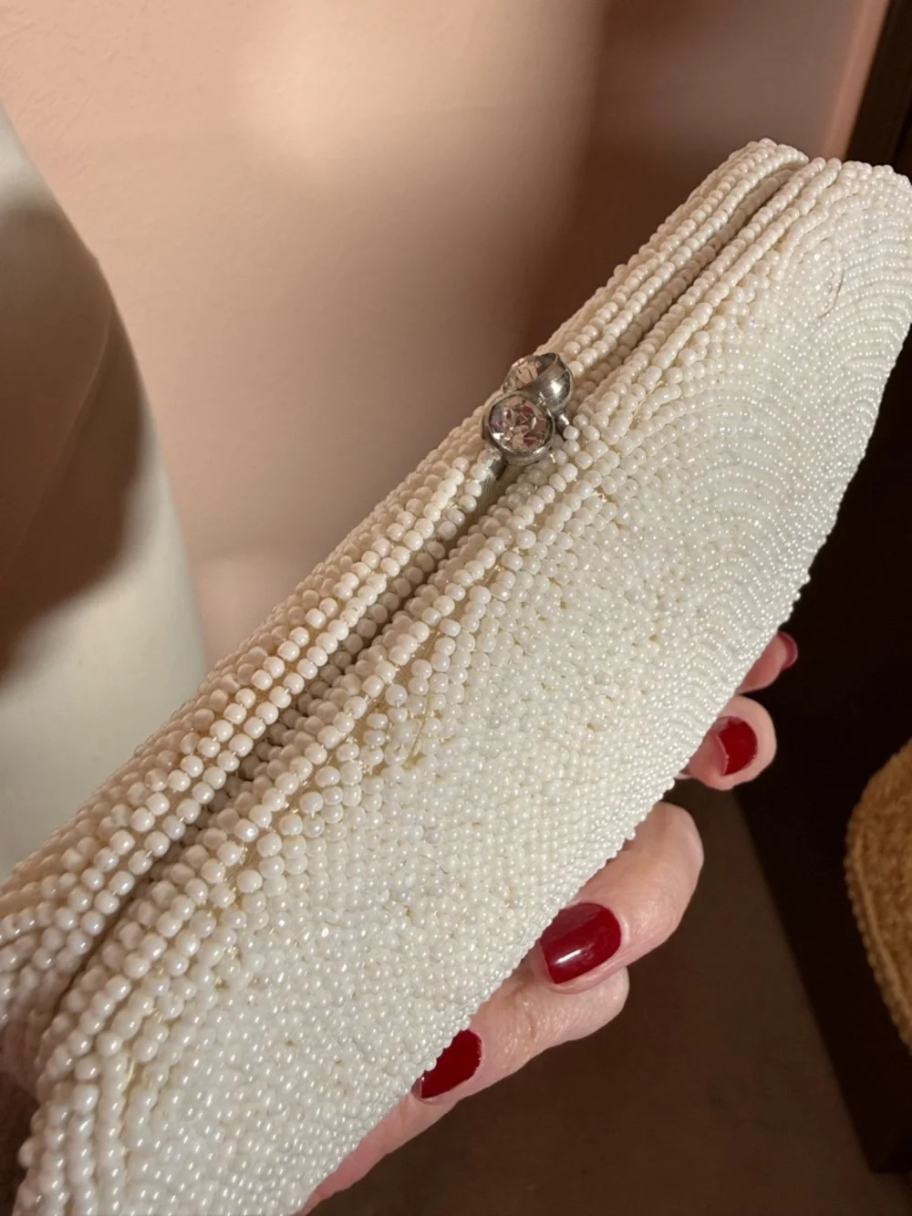 Vintage 1940’s Art Deco Heavy glass beaded white Evening clutch bag Wedding